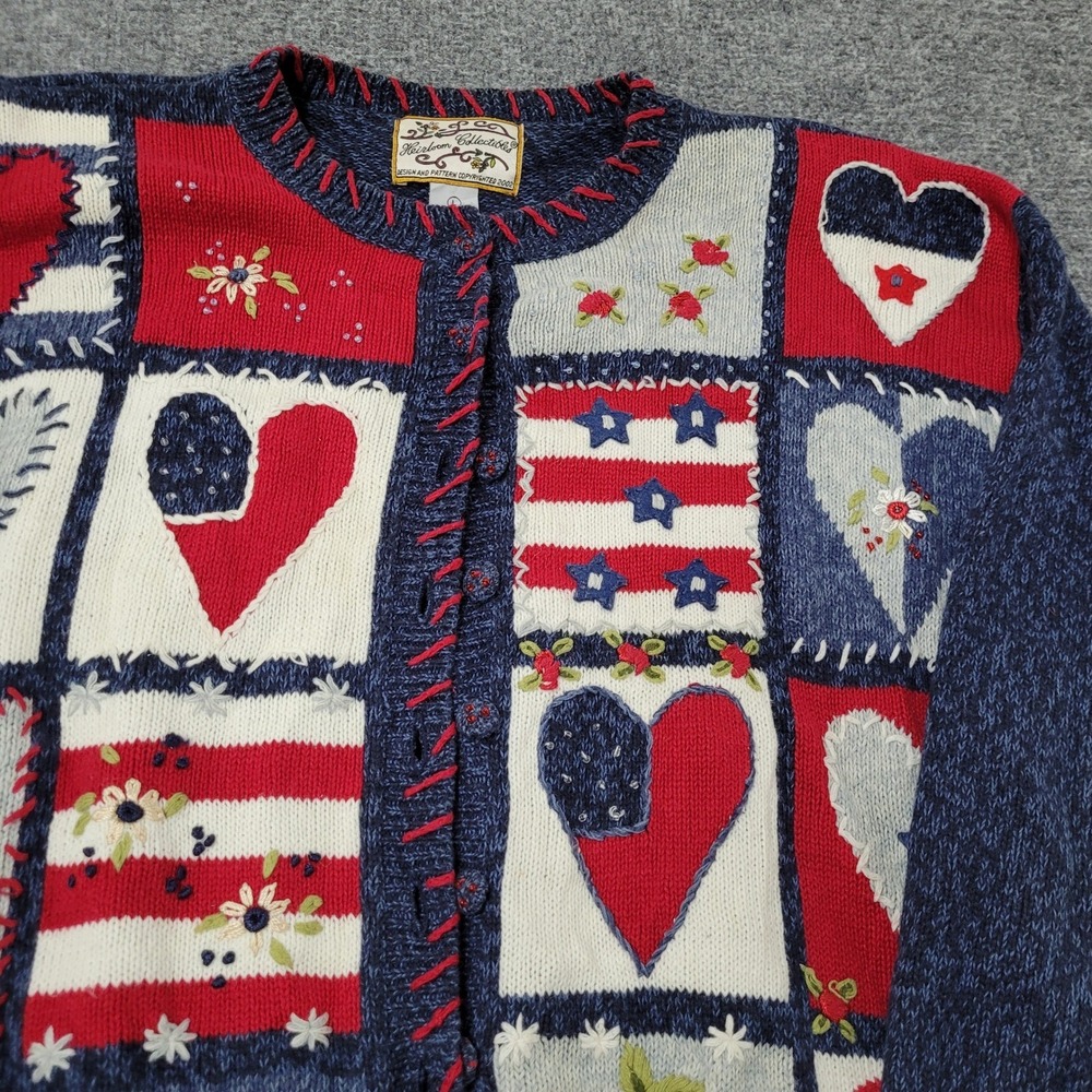 Heirloom Collectibles Cardigan Womens Size L Blue Americana Patchwork Knit Heart